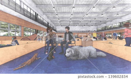 A 3DCG illustration depicting a shelter set up in a gymnasium (with many people and their pet dogs and cats staying inside). 139602834
