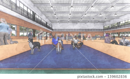 A 3DCG illustration depicting a shelter set up in a gymnasium (with many people and their pet dogs and cats staying inside). A 3DCG illustration depicting a shelter set up in a gymnasium (with many people and their pet dogs and cats staying inside). 139602836