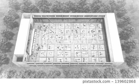 一幅 3DCG 插圖,描繪了在體育館內設立的避難所(許多人和他們的寵物狗和貓都待在裡面)。 一幅 3DCG 插圖,描繪了在體育館內設立的避難所(許多人和他們的寵物狗和貓都待在裡面)。 139602868