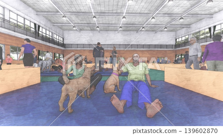 A 3DCG illustration depicting a shelter set up in a gymnasium (with many people and their pet dogs and cats staying inside). A 3DCG illustration depicting a shelter set up in a gymnasium (with many people and their pet dogs and cats staying inside). 139602870