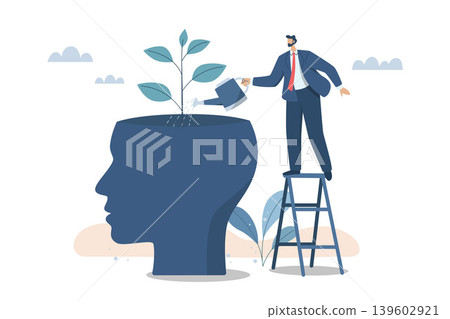 Growth of mental state, Personal growth, Self improvement, Development or improvement of personal concept, Learning professional level, Business man is watering the plant that grows from himself. Growth of mental state, Personal growth, Self improvement, Development or improvement of personal concept, Learning professional level, Business man is watering the plant that grows from himself. 139602921