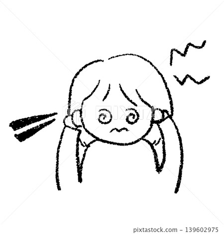 一幅手繪插圖,描繪了一位因更年期而遭受耳鳴和頭痛困擾的女性。 一幅手繪插圖,描繪了一位因更年期而遭受耳鳴和頭痛困擾的女性。 139602975