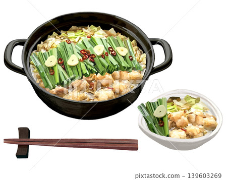 Motsunabe (offal hot pot) with serving plate and chopsticks. Motsunabe (offal hot pot) with serving plate and chopsticks. 139603269