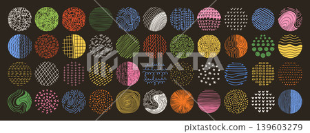 Hand drawn round abstract backgrounds patterns set doodle spots strokes crayon curves lines scribble 139603279