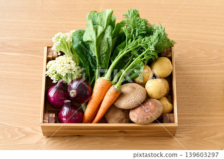 Various vegetables packed in a wooden box Various vegetables packed in a wooden box 139603297