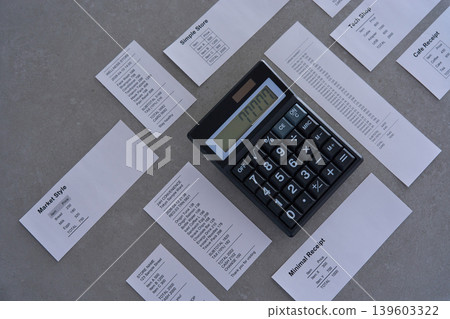 Receipts and a calculator scattered on the table Receipts and a calculator scattered on the table 139603322