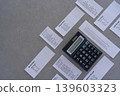 收據和計算器散落在桌子上。 139603323
