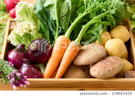 Various vegetables packed in a wooden box Various vegetables packed in a wooden box 139603429