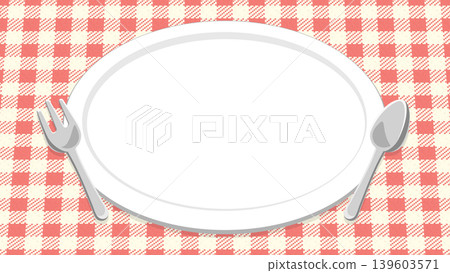 A retro Showa-era coffee shop style frame with a background of red gingham check, cutlery, and plates. 16:09 A retro Showa-era coffee shop style frame with a background of red gingham check, cutlery, and plates. 16:09 139603571