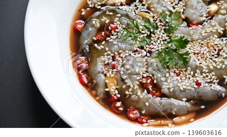 shrimp in soy sauce on white plate, korean style menu 139603616