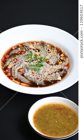 shrimp in soy sauce on white plate, korean style menu shrimp in soy sauce on white plate, korean style menu 139603617