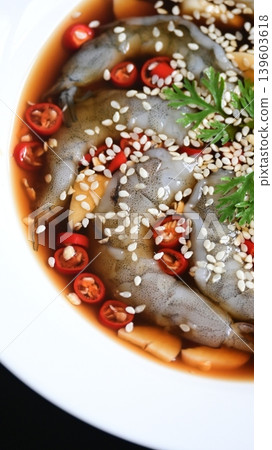 shrimp in soy sauce on white plate, korean style menu shrimp in soy sauce on white plate, korean style menu 139603618