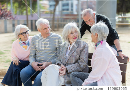 Group of elderly men and women sitting on bench in park and having nice conversation. Group of elderly men and women sitting on bench in park and having nice conversation. 139603965