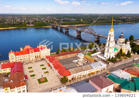 Drone view of the city of Rybinsk with the bridge over the Volga River Drone view of the city of Rybinsk with the bridge over the Volga River 139604021