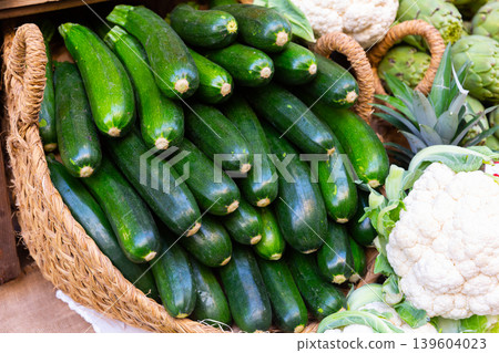 View of zucchini, put up for sale in a store View of zucchini, put up for sale in a store 139604023