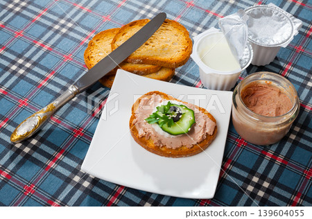 Toast with pate, cheese, cucumber Toast with pate, cheese, cucumber 139604055