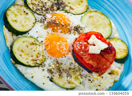 Image of fried eggs with zucchini and tomato Image of fried eggs with zucchini and tomato 139604059