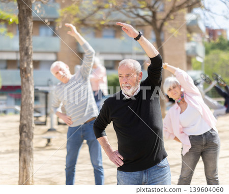 Group of elderly people doing gymnastics together in courtyard Group of elderly people doing gymnastics together in courtyard 139604060