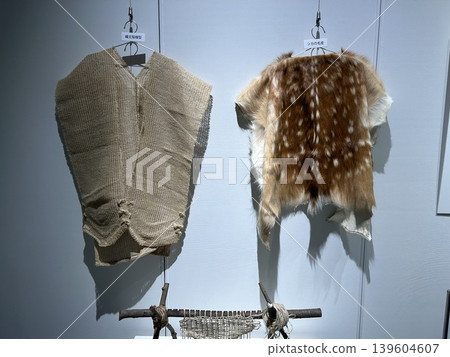 這是一張鹿皮和一件繩文時代服裝模型,在青森市三內丸山考古遺址的繩文自由館(繩文時代旅行博物館)展出。 這是一張鹿皮和一件繩文時代服裝模型,在青森市三內丸山考古遺址的繩文自由館(繩文時代旅行博物館)展出。 139604607