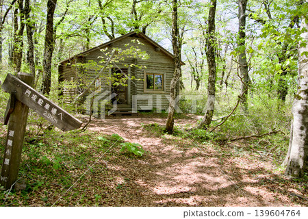 Mountain refuge hut just before the summit of Mt. Daimanki; hiking trail; beech forest 139604764