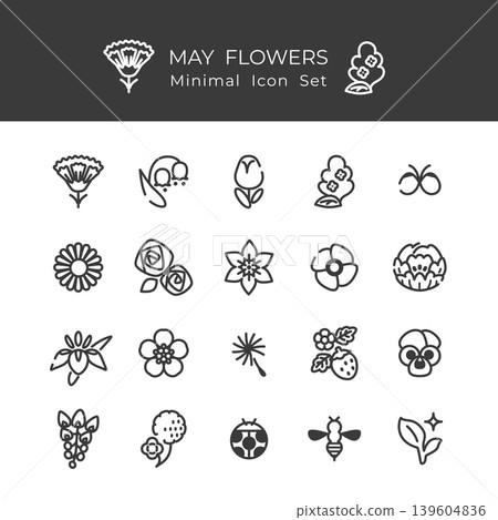 Set of 20 minimalist line art icons of May flowers (black ink, outline, coloring book style, natural) Set of 20 minimalist line art icons of May flowers (black ink, outline, coloring book style, natural) 139604836