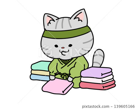 幫忙做家事:一隻貓忍者在摺衣服。 幫忙做家事:一隻貓忍者在摺衣服。 139605166