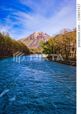 A view of the Azusa River and Mt. Yake from Kappa Bridge in Kamikochi A view of the Azusa River and Mt. Yake from Kappa Bridge in Kamikochi 139605417
