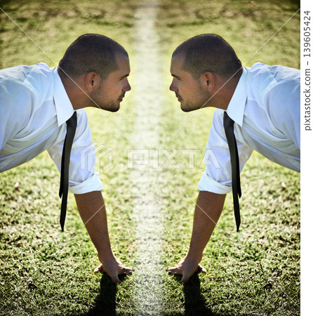 Businessman, sports field and challenge competition or mirror reflection or self improvement, corporate or goals. Male person, suit and outdoor work professional or start growth, obstacle or training Businessman, sports field and challenge competition or mirror reflection or self improvement, corporate or goals. Male person, suit and outdoor work professional or start growth, obstacle or training 139605424