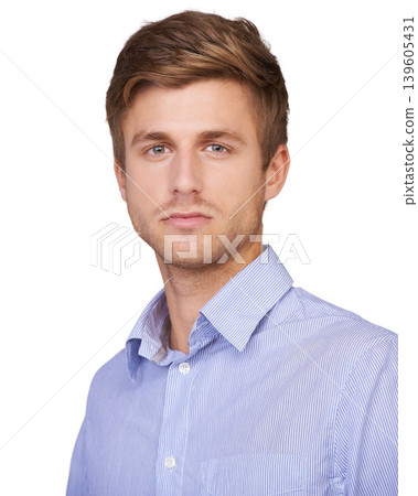 Man, portrait and serious real estate agent by white background in studio for property, mortgage and sales about us. Face, broker and realtor on backdrop for rental insurance, investment and advice 139605431