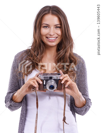 Portrait, photography or happy woman with retro camera in studio for photoshoot, multimedia production or paparazzi on white background. Journalist, creative photographer or content creation for blog Portrait, photography or happy woman with retro camera in studio for photoshoot, multimedia production or paparazzi on white background. Journalist, creative photographer or content creation for blog 139605443