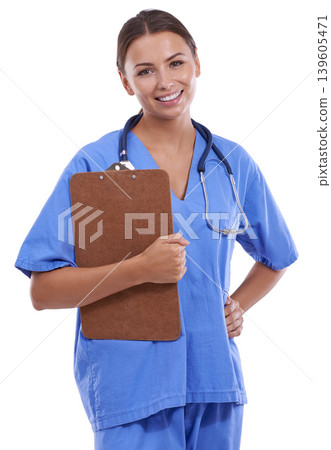 Woman, portrait and nurse in studio with clipboard, notes and healthcare information on white background. Happy doctor, surgeon and medical worker with paperwork for insurance report, script or admin Woman, portrait and nurse in studio with clipboard, notes and healthcare information on white background. Happy doctor, surgeon and medical worker with paperwork for insurance report, script or admin 139605471