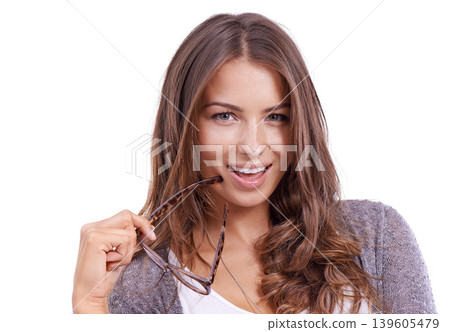 Happy, woman and portrait with glasses, fashion or flirting with confidence in white background of studio. Model, relax and person with a smile for eyewear, spectacles and frames in mock up space Happy, woman and portrait with glasses, fashion or flirting with confidence in white background of studio. Model, relax and person with a smile for eyewear, spectacles and frames in mock up space 139605479
