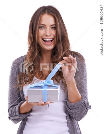 Wow, portrait or woman with gift unboxing in studio for birthday, commerce or package on white background. Face, box or lady model with present, offer or prize promo, cashback or competition giveaway Wow, portrait or woman with gift unboxing in studio for birthday, commerce or package on white background. Face, box or lady model with present, offer or prize promo, cashback or competition giveaway 139605484