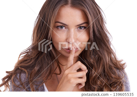 Secret, woman and portrait in studio for sign of privacy, confidential deal and quiet on white background. Face of model with finger on lips for noise, gossip and news of mystery, emoji and whisper 139605535