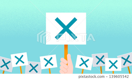 A placard with an "X" mark indicating an incorrect answer; the background image is one of opposition. A placard with an "X" mark indicating an incorrect answer; the background image is one of opposition. 139605542