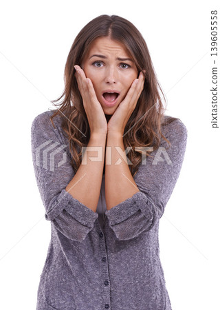 Wow, surprise and shocked woman with hands on face in studio with gossip, announcement or news on white background. Omg, panic and portrait of female model with mind blown emoji for unexpected secret Wow, surprise and shocked woman with hands on face in studio with gossip, announcement or news on white background. Omg, panic and portrait of female model with mind blown emoji for unexpected secret 139605558