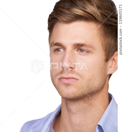 Man, face or thinking real estate agent by white background in studio for property, mortgage or sales about us. Broker, realtor and professional on backdrop for rental insurance, investment or advice 139605571
