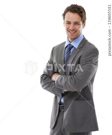 Business, arms crossed and studio portrait of happy man with lawyer experience, legal career and mockup space. Law firm expert, advocate and attorney confident in government job on white background 139605581