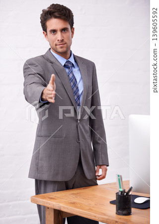 Business man, shaking hands and introduction in office interview, recruitment or welcome to b2b deal, success or offer. Portrait of corporate worker with professional handshake, onboarding or hiring Business man, shaking hands and introduction in office interview, recruitment or welcome to b2b deal, success or offer. Portrait of corporate worker with professional handshake, onboarding or hiring 139605592