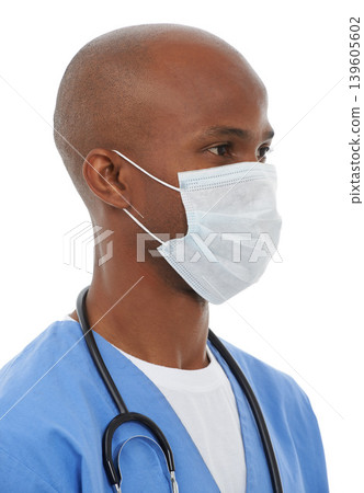 Thinking, man and doctor with a mask, professional and career isolated on a white studio background. African person, model and nurse with a face cover, Covid19 regulations and healthcare with safety Thinking, man and doctor with a mask, professional and career isolated on a white studio background. African person, model and nurse with a face cover, Covid19 regulations and healthcare with safety 139605602