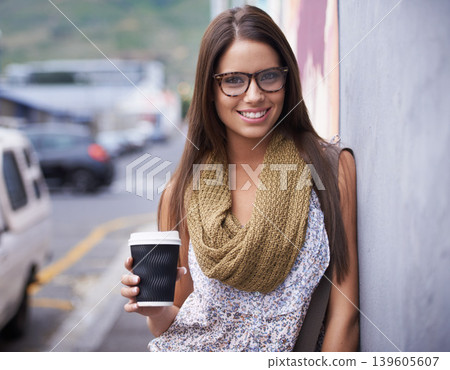 Happy, coffee break and portrait of woman in city, street or outdoor on holiday or vacation in summer. Takeaway, tea and college student in town relax with beverage in a cup and freedom on adventure 139605607