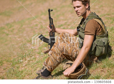 Military, thinking and training with man and gun in nature for war, conflict and patriotism. Army, surveillance and security with person and rifle on grass for soldier, battlefield and veteran Military, thinking and training with man and gun in nature for war, conflict and patriotism. Army, surveillance and security with person and rifle on grass for soldier, battlefield and veteran 139605608