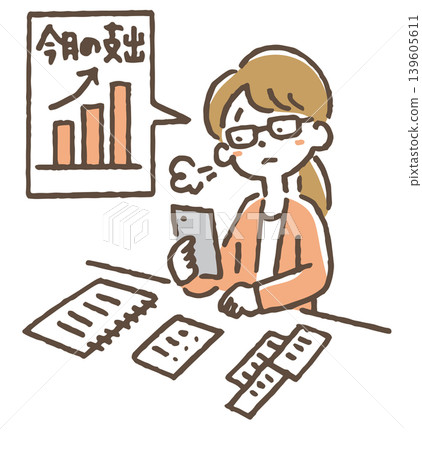 An illustration of a housewife feeling down after looking at her household budgeting app. An illustration of a housewife feeling down after looking at her household budgeting app. 139605611