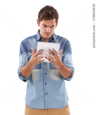Tablet, glitch and confused man in studio with hacker notification, scam or cyber security fail on white background. Digital, problem and male model frustrated by 404, mistake or email spam crisis Tablet, glitch and confused man in studio with hacker notification, scam or cyber security fail on white background. Digital, problem and male model frustrated by 404, mistake or email spam crisis 139605636