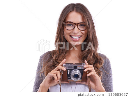 Photographer, portrait and woman with retro camera in studio for photoshoot, content creation and paparazzi magazine on white background. Happy journalist, photography and creative media production Photographer, portrait and woman with retro camera in studio for photoshoot, content creation and paparazzi magazine on white background. Happy journalist, photography and creative media production 139605637