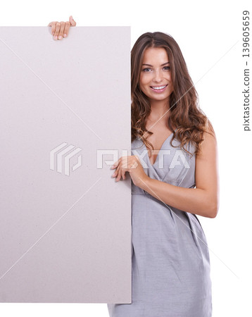 Mockup, poster and portrait of happy woman in studio with space for advertising news info on white background. Empty, banner or face of female model with billboard presentation, offer or announcement 139605659
