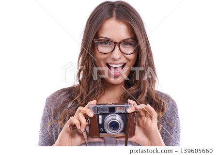 Photographer, excited woman and retro camera in studio for photoshoot, content creation and paparazzi magazine on white background. Portrait, happy journalist and photography for creative production 139605660