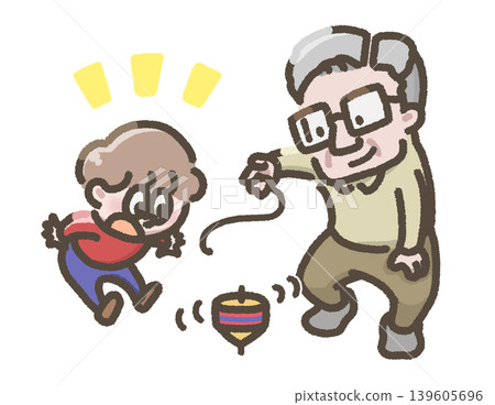 一幅插圖，描繪了一個男人在轉動陀螺，一個孩子在一旁觀看。 139605696