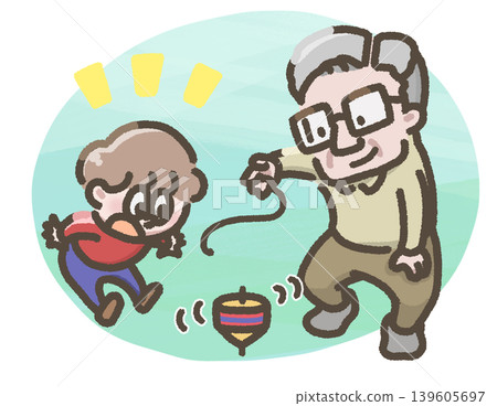 一幅插圖，描繪了一個男人在轉動陀螺，一個孩子在一旁觀看。 139605697