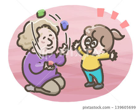 一幅插圖,描繪了一位女子在表演雜耍,一個孩子在觀看她。 一幅插圖,描繪了一位女子在表演雜耍,一個孩子在觀看她。 139605699